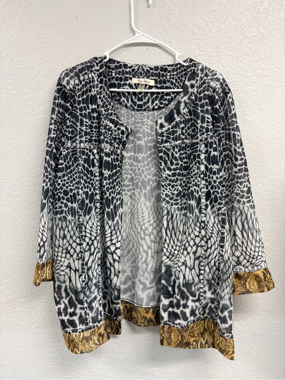 Onque Woman Black & White Animal Print Cardigan with Gold Trim